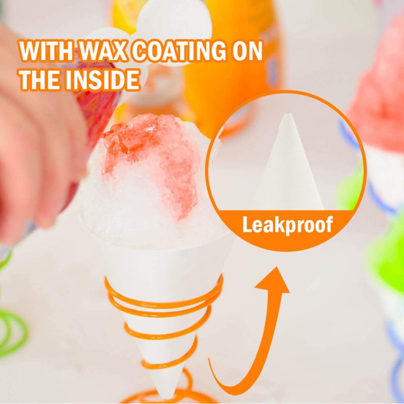 AQUEENLY 100 Snow Cone Cups, Wax Coated Leakproof Cone Paper Cups for Slush, Shaved Ice, Water - 6OZ, White - Image 4